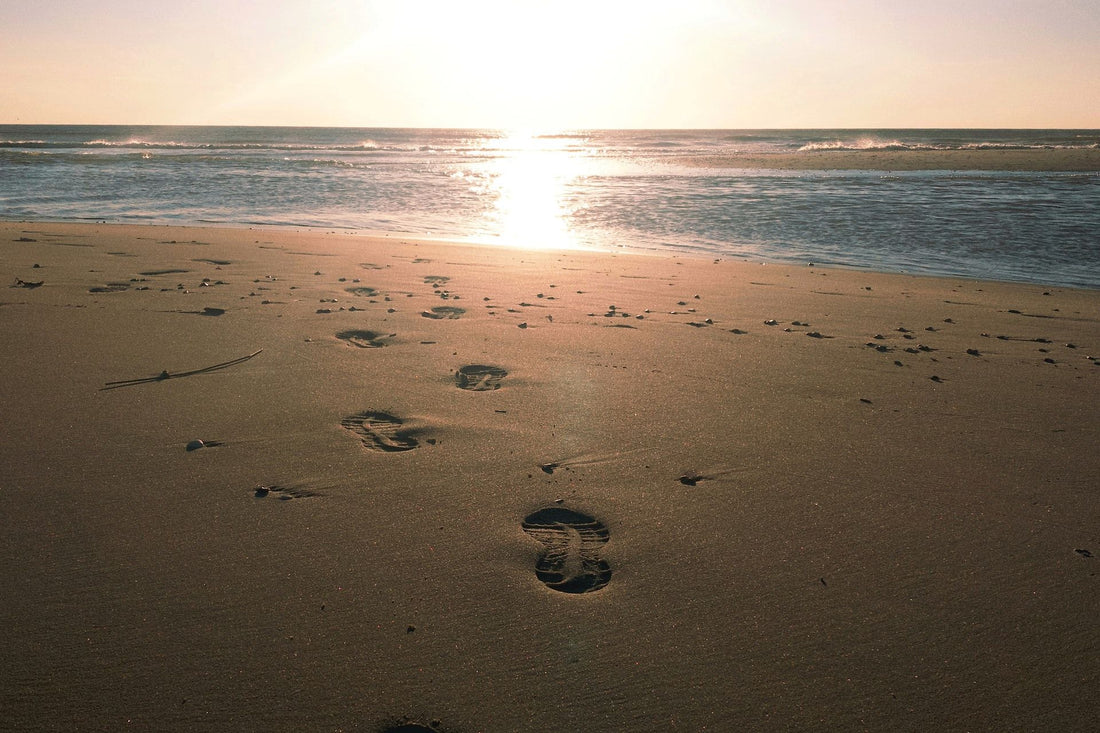 Footsteps in sand at the beach during sunset.