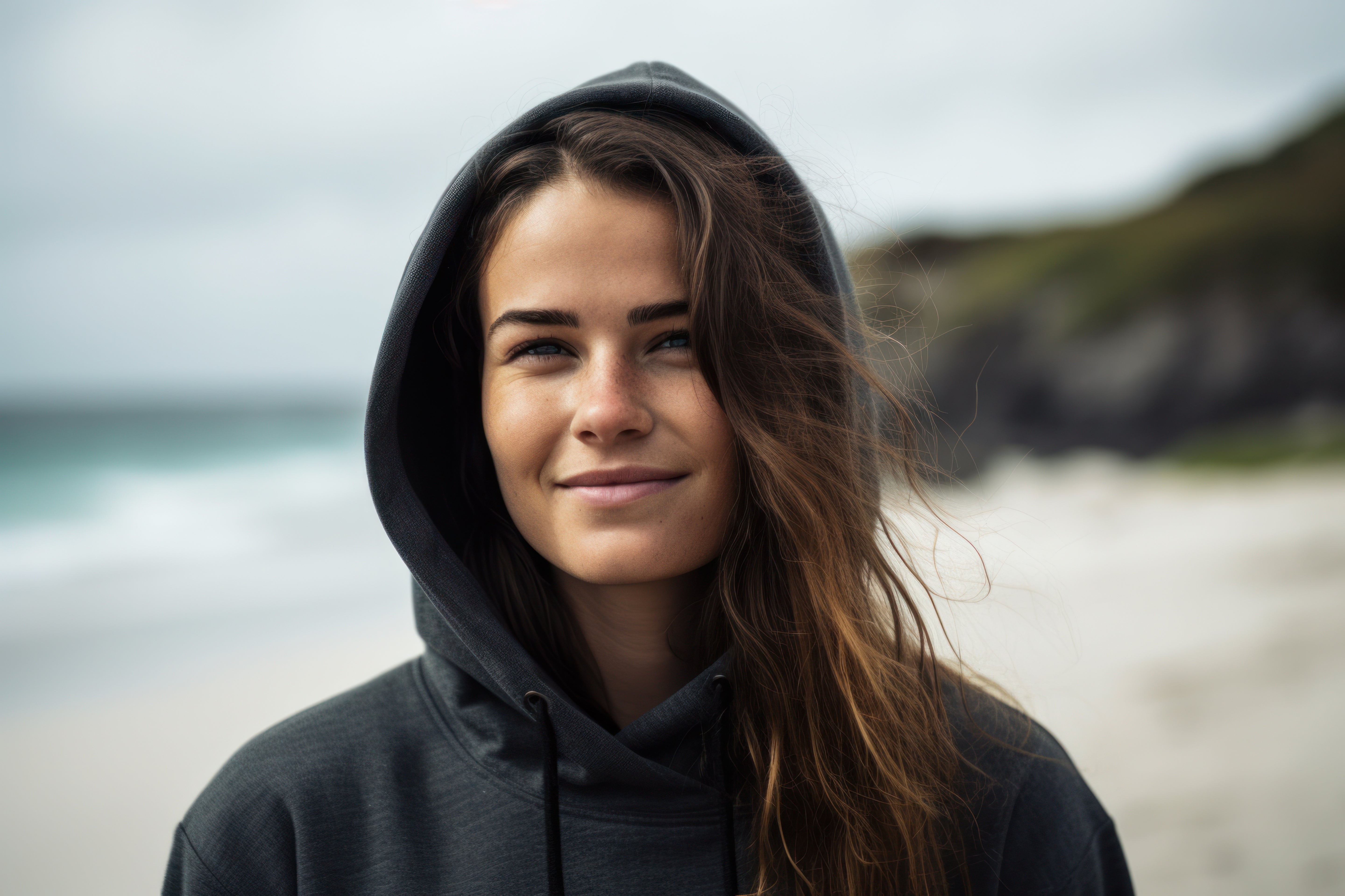 Portrait of a beautiful young woman in hoodie on the beach.