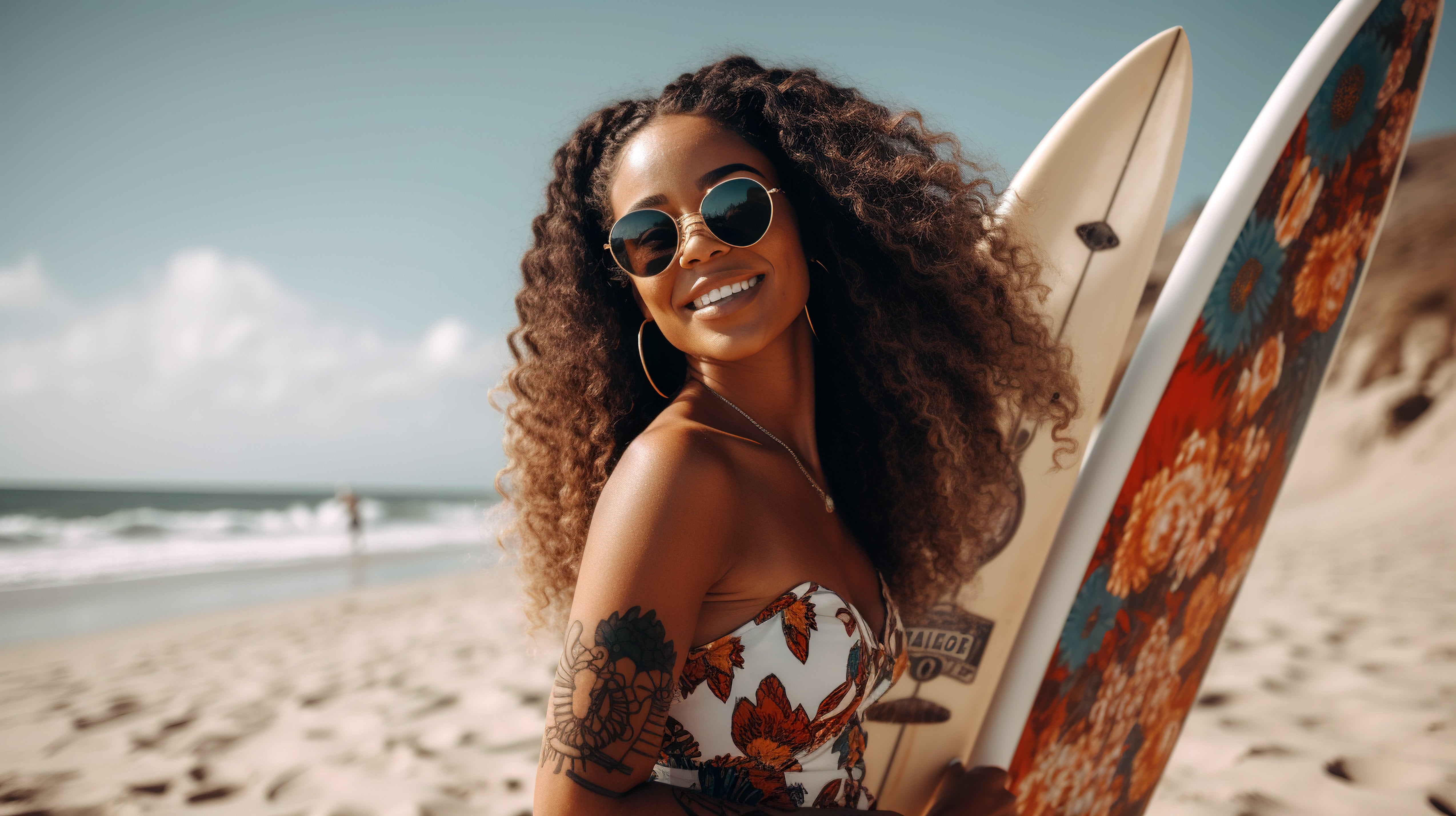 African American woman wearing a bikini in a beach setting.