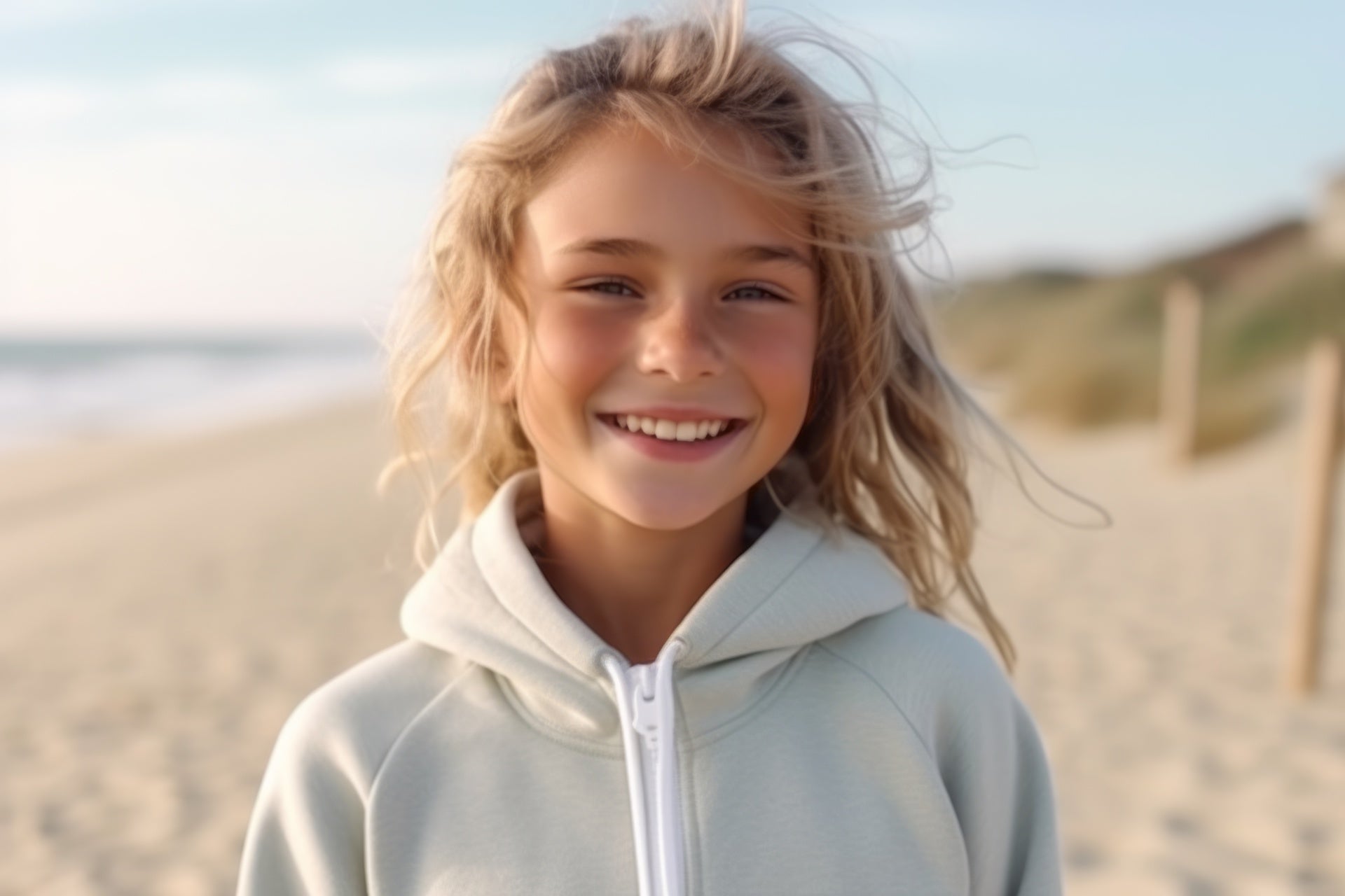 Portrait of smiling little girl in hoodie on beach looking at camera.