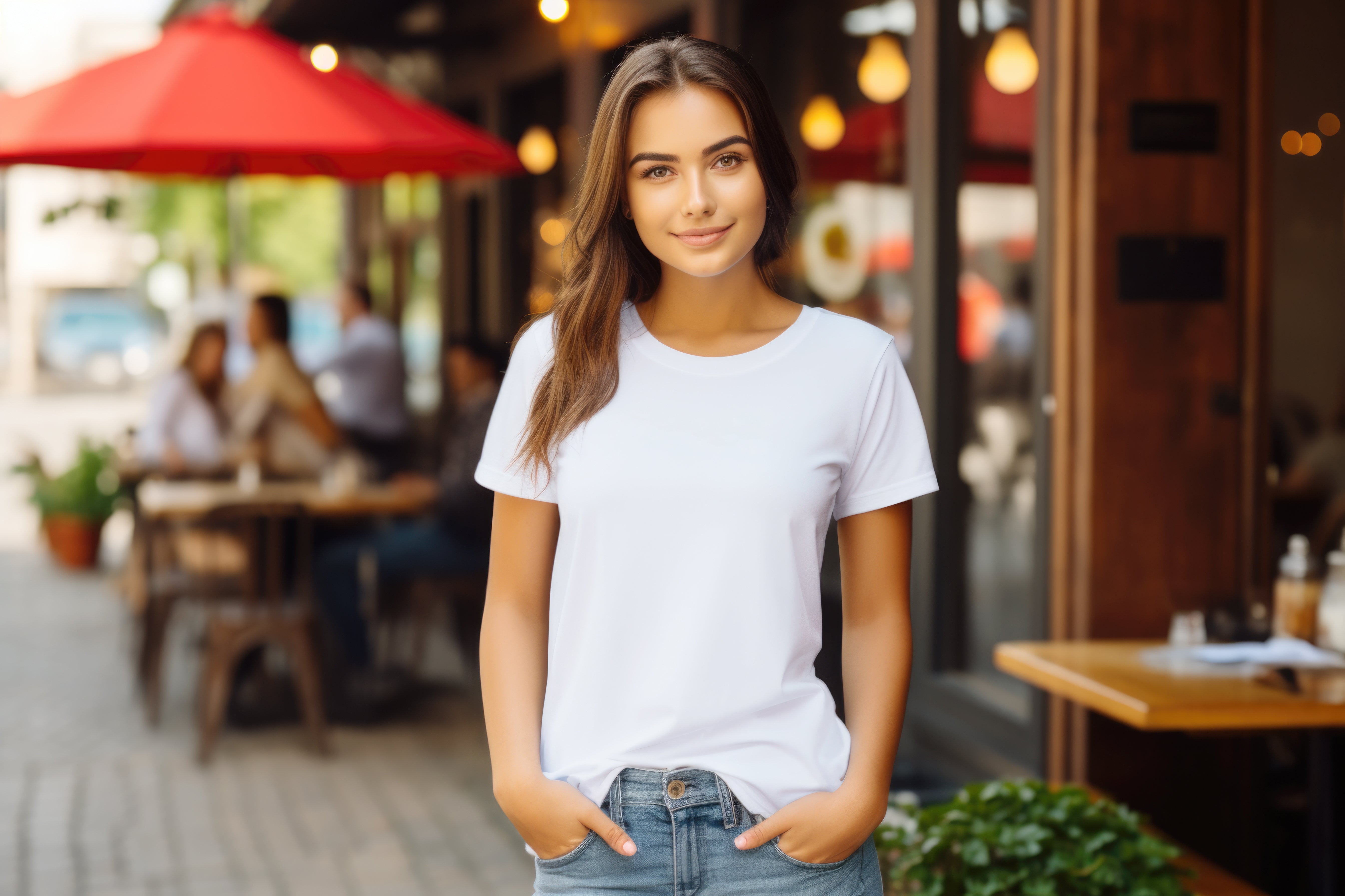 Girl wearing t-shirt and jeans standing in cafe